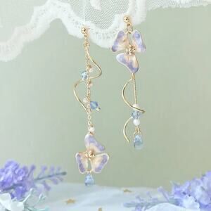 Victorian Lolita EGL Fairycore Blue Flower Golden Asymmetrical Hanging Earrings